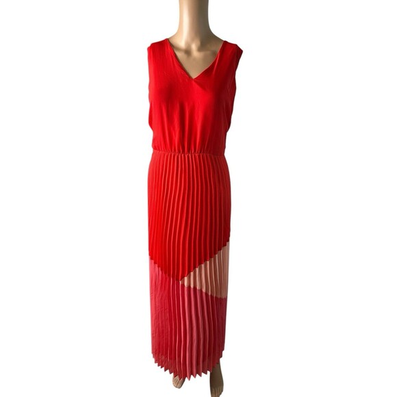 Taylor Pleated Maxi Dress Red Pink Sleeveless Sz large - Picture 1 of 7